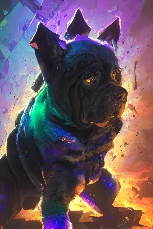 Prompt: inkacid shadow mastiff, painted by erol otus and david thierree and dan adkins and john berkey, trending on artstation, volumetric lighting macro view muted colors, iridescent colors, dark academia, symbolism, brushwork