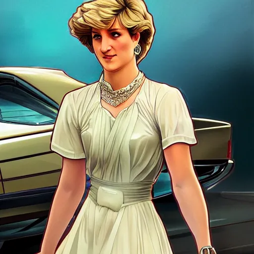 Image similar to Princess Diana standing next to a Mercedes-Benz W140, highly detailed, digital painting, artstation, concept art, smooth, sharp focus, illustration, art by artgerm and alphonse mucha, high definition digital art, in the style of Ross tran and ilya kuvshinov