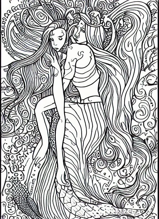 Prompt: an adult coloring page of mermaids