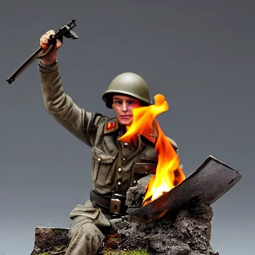 Image similar to 1/35 scale figurine of german ww2 soldier set on fire, burning plastic, scale model photography, 8k, hyper realistic