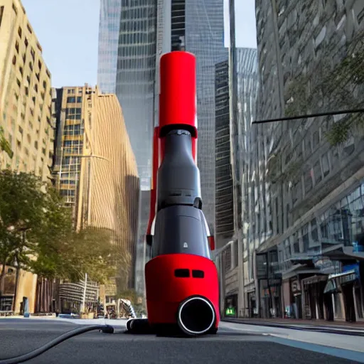 Image similar to a giant vacuum cleaner attacks a city