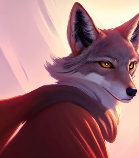 Prompt: beautiful portrait of a female anthro furry coyote wearing jedi robes. character design by charlie bowater, ross tran, artgerm, and makoto shinkai, detailed, soft lighting, rendered in octane