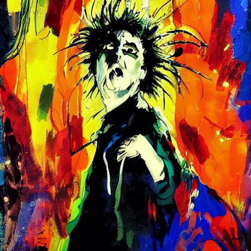 Image similar to Robert Smith as the Netflix DC The Sandman medium portrait by Ashley Wood, Yoji Shinkawa, Jamie Hewlett, 60's French movie poster, French Impressionism, vivid colors, palette knife and brush strokes, paint drips, Dutch tilt, 8k, hd, high resolution print