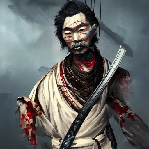 Image similar to Portrait of Sickly diseased dying Samurai warrior wielding a katana, by Feng Zhu, highly detailed, excellent composition, cinematic concept art, dramatic lighting, trending on ArtStation