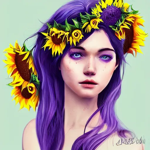 Image similar to a beautiful stunning matte digital portrait illustration of a blue-eyed woman with freckles and violet hair wearing a yellow sunflower crown, in the style of Ross Tran, trending on artstation, contest winner