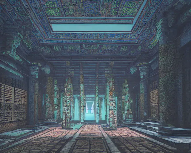 Image similar to interior of a long forgotten asian temple, pixel art, brutalism, art by dan mumford, volumetric lighting, 8 k