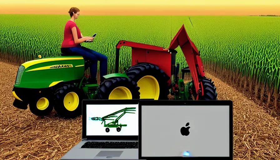 Prompt: beautiful Sphinx writing code on a laptop for an important project in a corn field with a john deere tractor, dynamic lighting, digital art