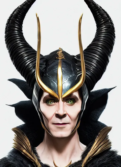 Image similar to loki as maleficent, naturel, hyper detailed, digital art, trending in artstation, cinematic lighting, studio quality, smooth render, unreal engine 5 rendered, octane rendered, art style by klimt and nixeu and ian sprigger and wlop and krenz cushart