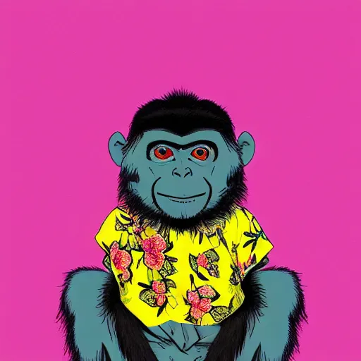 Prompt: a monkey in a yellow kimono, pink background