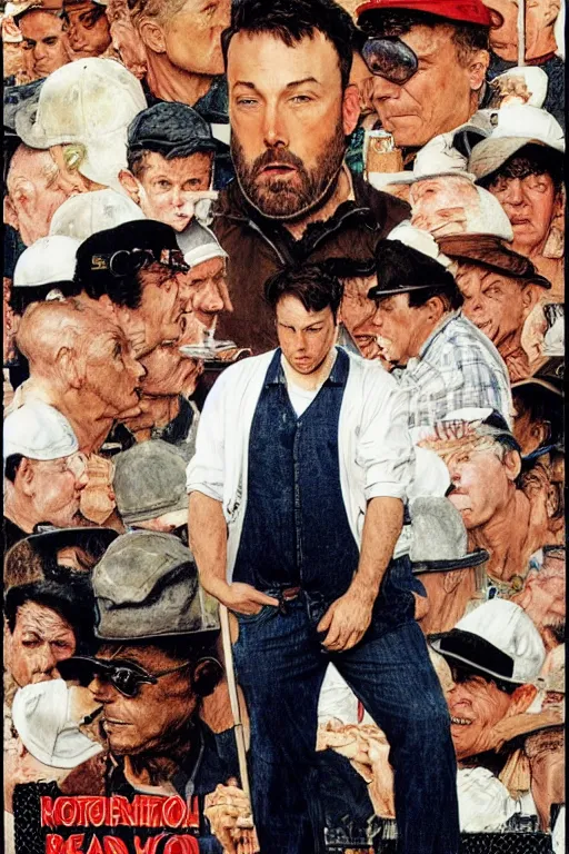 Image similar to sad ben affleck wearing checkered shirt and white cap, with a cigarettein mounth, and huge spanner, poster, by norman rockwell