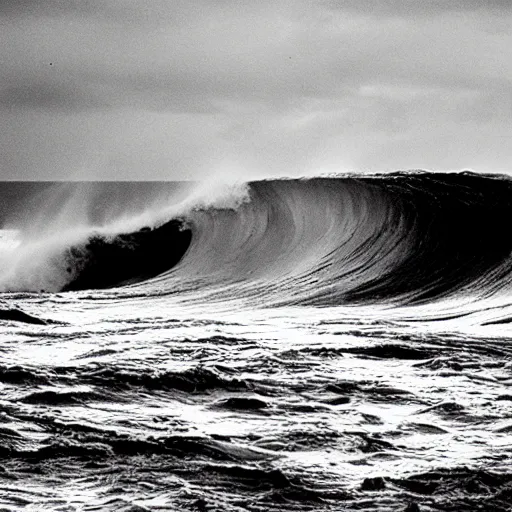 Prompt: dark and mysterious big waves fill the sea with malevolent dread