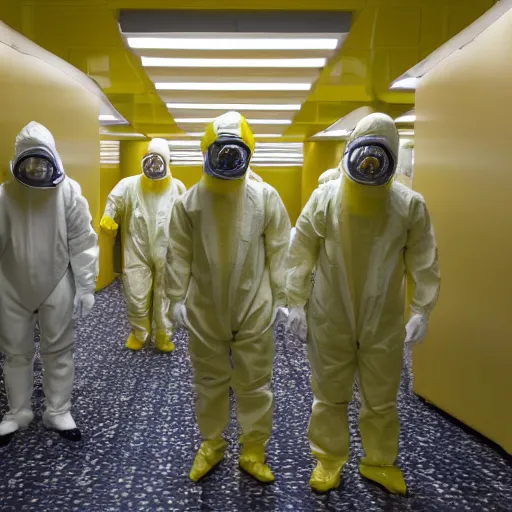 Image similar to 3 people in hazmat suits in a space which resembles the back rooms of a retail outlet, spanning approximately 600 million square miles. All rooms throughout Level 0 share the same superficial aspects: mono-yellow wallpaper, old moist carpet, and inconsistently placed fluorescent lighting. Beyond these main features, no two rooms are identical. 4k, HD, photorealistic