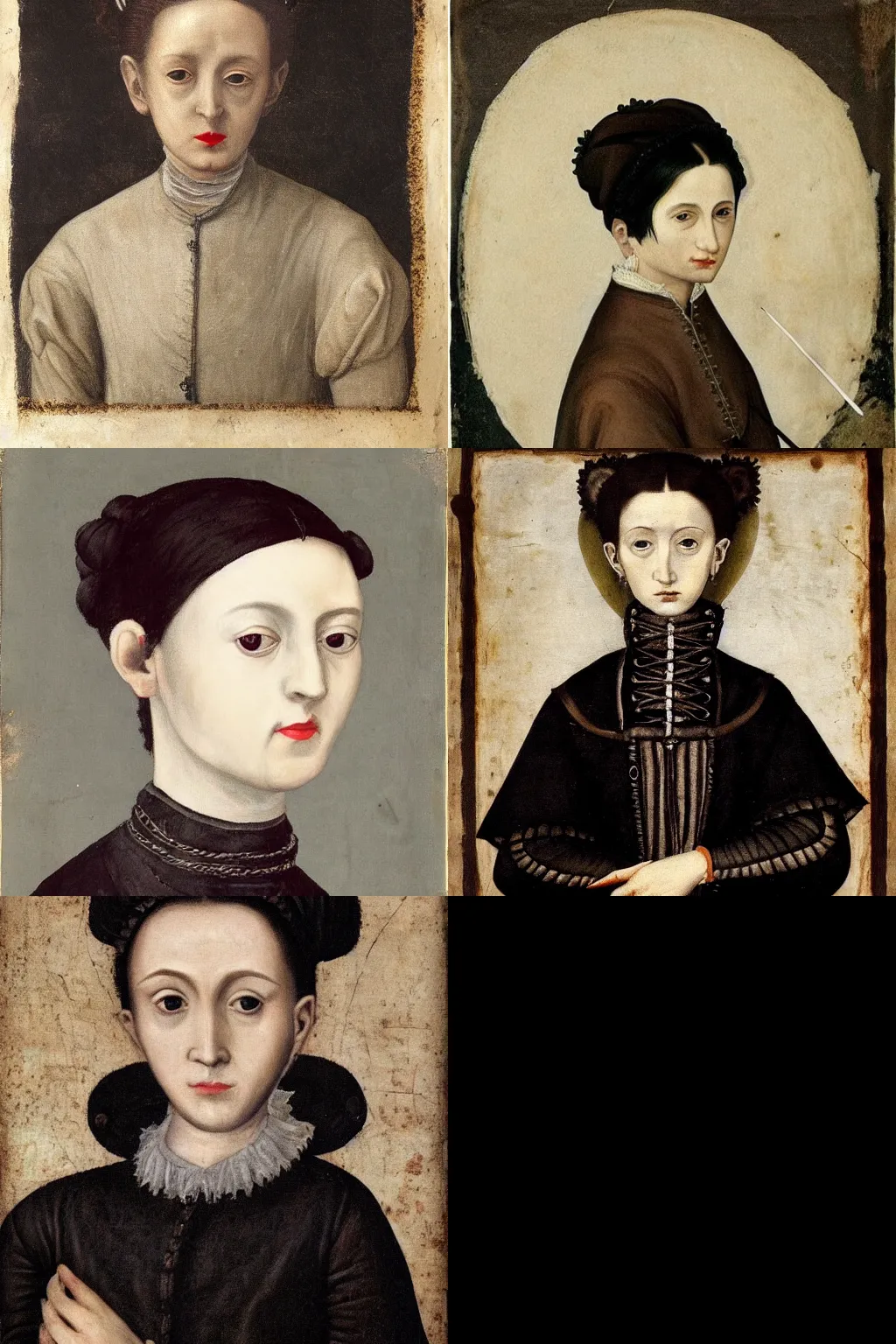 Prompt: goth painted by sofonisba anguissola. high - quality character portrait. short dark brown messy pixie haircut, large black eyes, slightly rounded face, pointed chin, small nose, black tank top, black leather jacket, black knee - length skirt, black choker.