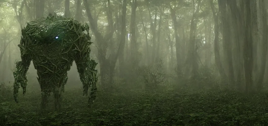 Image similar to a complex organic fractal 3 d metallic symbiotic ceramic humanoid megastructure creature in a swampy lush forest, foggy, sun rays, cinematic shot, photo still from movie by denis villeneuve, wayne barlowe