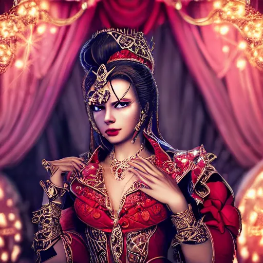 Image similar to photograph of wonderful princess with smooth fair skin, alluring eyes, red jewelry, breathtaking, elegant, ornate, intricate, hyper detailed, accent lighting, dramatic light, 4 k octane render