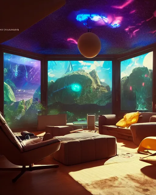 Image similar to artstation scifi scene of a safe room as ikea ad, lounge furniture, sky mural on the room ceiling, holographic nature art walls, large terrarium, paneled walls, unreal engine 5, hyper realism, realistic shading, cinematic composition, blender render, octane render, hdr, detailed textures, photorealistic, wide shot