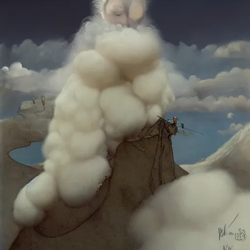 Image similar to Portrait of the Nimbus Cloud King wearing a poofy marshmallow coat whilst standing atop a cloud-covered mountain peak paul klee andrew wyeth edawrd hopper tom bagshaw stanton feng bastien lecouffe-deharme tombow oil painting