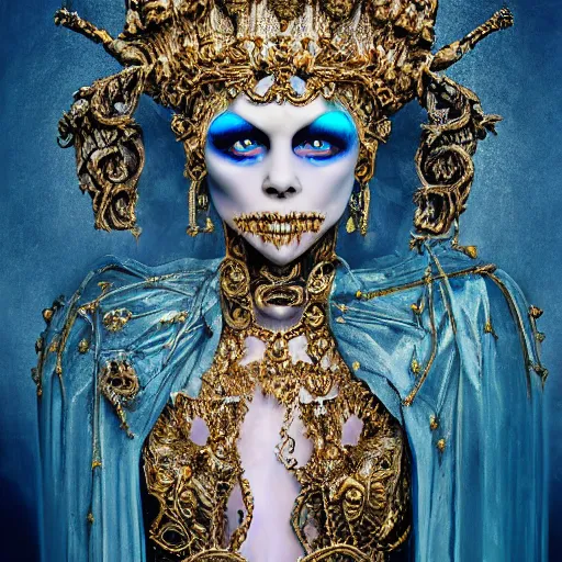 Image similar to a photograph portrait of an ornate golden queen with ice blue eyes, photo-realistic, icy, skeletal, horror