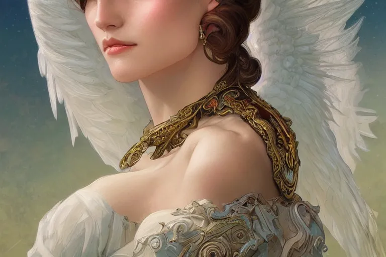 Image similar to portrait of beautiful angel, d & d, face, fantasy, intricate, elegant, highly detailed, digital painting, artstation, concept art, smooth, sharp focus, illustration, art by artgerm and greg rutkowski and alphonse mucha