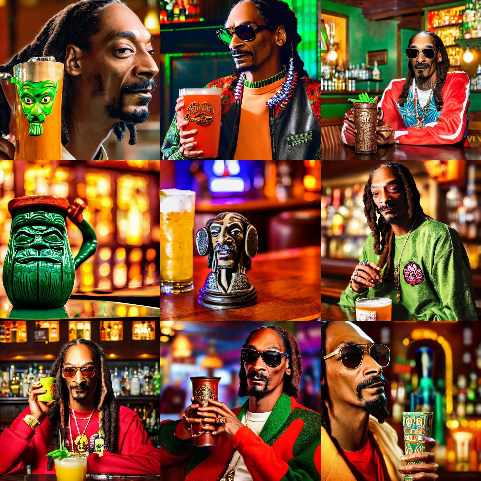 Prompt: a closeup photorealistic photograph of snoop dogg at trader vic's bar holding a snoop dogg style tiki mug. brightly lit scene. this 4 k hd image is trending on artstation, featured on behance, well - rendered, extra crisp, features intricate detail, epic composition and the style of unreal engine.