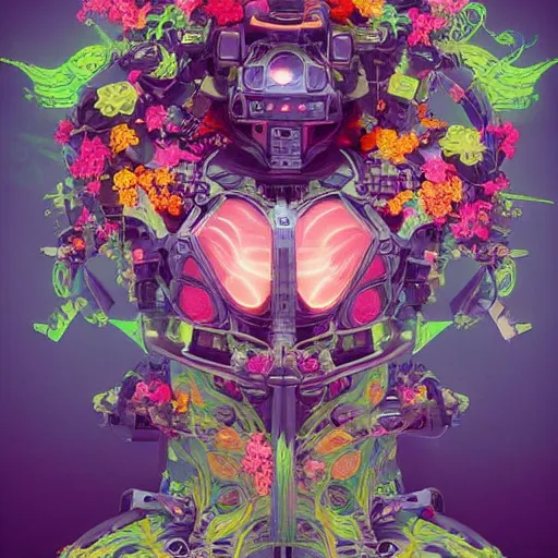 Image similar to colourful vfx art - portrait of army mecha robot wrapped in flowers & vines, art by utagawa kunisada, volumetric light, ray tracing, sharp, detailed, digital painting, illustration, highly detailed, intricate detail, unreal engine, octane render, pinterest, behance, art station,