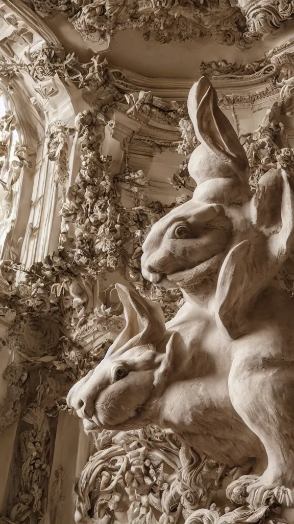 Image similar to an old detailed huge rabbit statue in botanical room by bernini, cinematic, detailed
