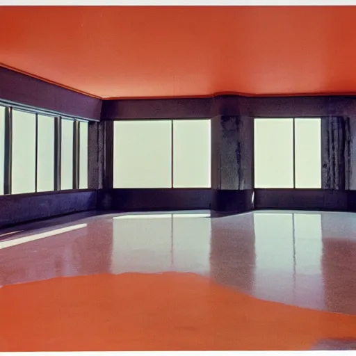 Image similar to art deco civic center interior, 1 9 7 0 s, real estate listing photo, orange color dye fading cast, film dust