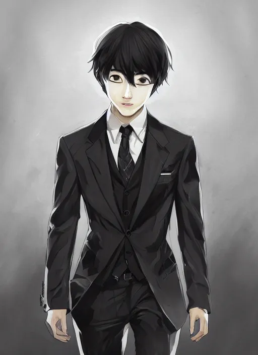 Prompt: a highly detailed illustration of kento yamazaki wearing black suit and tie with coattails, dramatic standing pose, intricate, elegant, highly detailed, centered, digital painting, artstation, concept art, smooth, sharp focus, league of legends concept art, wlop.