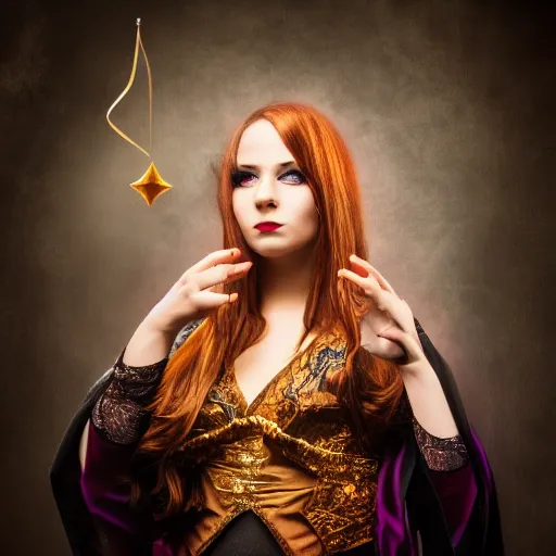 Image similar to a female magician, she occupied herself with magic and sorcery, bewitching the people, mystic, fantasy, magic, award winning photography, hdr, studio lighting medium close shot, mucha style,