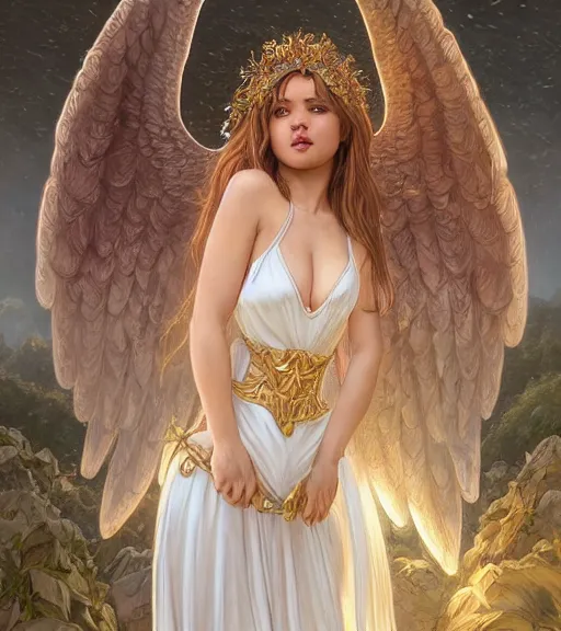 Image similar to angel, full dress, full body portrait, gentle, female, ruins landscape, d & d, fantasy, intricate, elegant, highly detailed, digital painting, white gold color palette, artstation, octane render, concept art, matte, sharp focus, illustration, hearthstone, art by artgerm and greg rutkowski and alphonse mucha