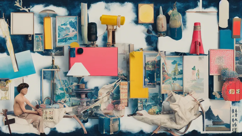 Image similar to an arrangement of traveller explorer props, japan, a collage painting, in the style of wes anderson, lola dupre, david hockney, isolated on negative white space background dark monochrome neon spraypaint accents volumetric octane render