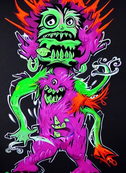 Image similar to beautiful graffiti monsters on black background paper