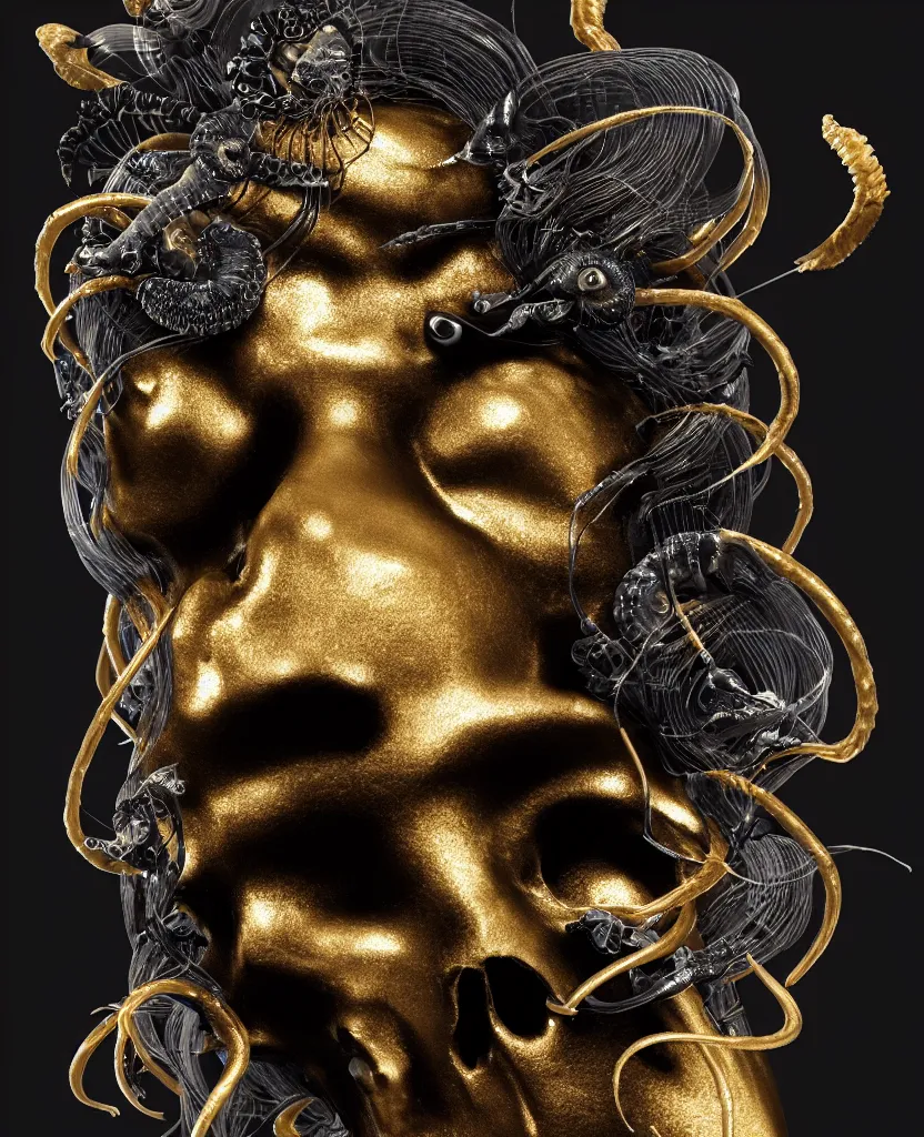 Image similar to black background. goddess princess face close-up portrait ram skull. sculpture made of gold and black charcoal. jellyfish phoenix head, nautilus, orchid, skull, betta fish, bioluminiscent creatures, intricate artwork by Tooth Wu and wlop and beeple. octane render, trending on artstation, greg rutkowski very coherent symmetrical artwork. cinematic, hyper realism, high detail, octane render, 8k