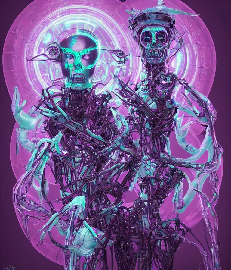 Prompt: fully symmetrical centered iridescent portrait of a beautiful princess demon in robe. skulls artificial muscles, ribcage, bones, hard surface modelling. cyberpunk look. biomechanical mask. bio luminescent biomechanical halo around head. neon jellyfish. artwork by jarold Sng by artgerm, by Eddie Mendoza, by Peter mohrbacher by tooth wu, unreal engine, octane render, cinematic light, high details, iridescent colors, dichroic, macro, depth of field, blur