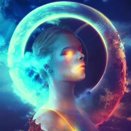 Prompt: a goddess, sci - fi aesthetics, on fire, photoshop, colossal, creative and cool, giant, digital art, photo manipulation, planets, earth, outer space, smoke, destruction