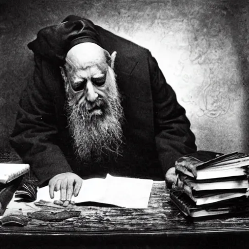 Prompt: a photograph photo of a rabbi slumped over at his desk, dead and twisted by a curse, leaking ooze from his ears and eyes into a puddle