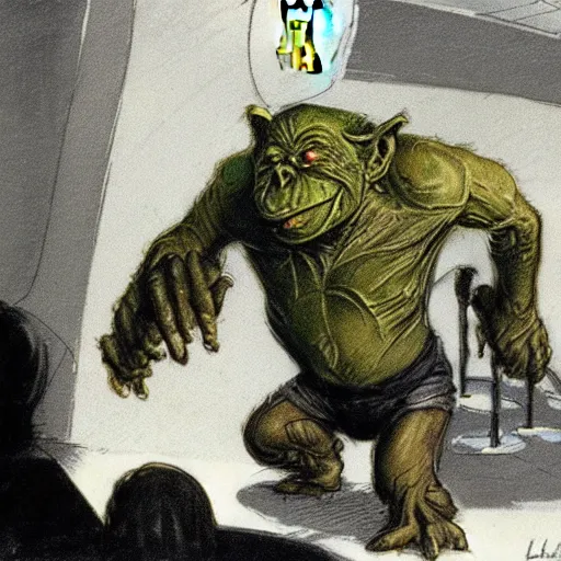 Prompt: greenskin goblin having a tantrum at mcdonalds cashier, by les edwards