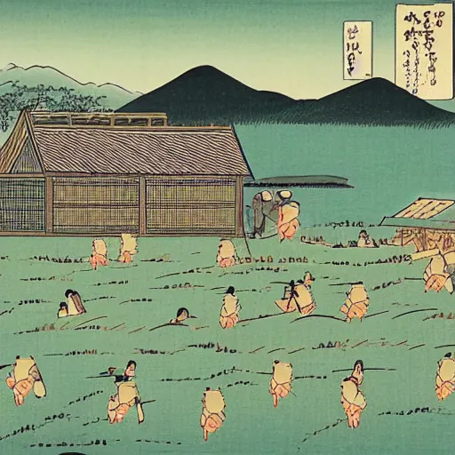 Image similar to a farm next to a lake in the style of ukiyo - e