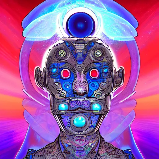 Image similar to portrait of a future metaverse cyborg tech shaman warrior, 2D cartoon, flat cartoony, visionary art, symmetric, Magick symbols, holy halo, shipi bo patterns, sci-fi