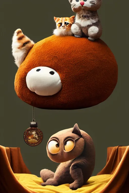 Prompt: round antropomorphic acorn plush toy and his cat friend in a giant bed adventure movie, cerebri movie poster, by nuri iyem, james gurney, james jean, greg rutkowski, anato finnstark. pixar. hyper detailed, 5 0 mm, award winning photography, perfect faces