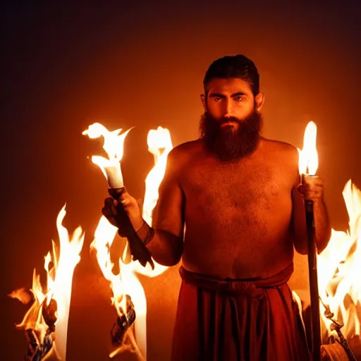 Image similar to award winning cinematic still portrait of intense 27 year old Mediterranean skinned man in Ancient Canaanite clothing, holding a flaming torch, beard, short hair, Nighttime. Army holding torches in the background, action, violence, Biblical epic directed by Steven Spielberg