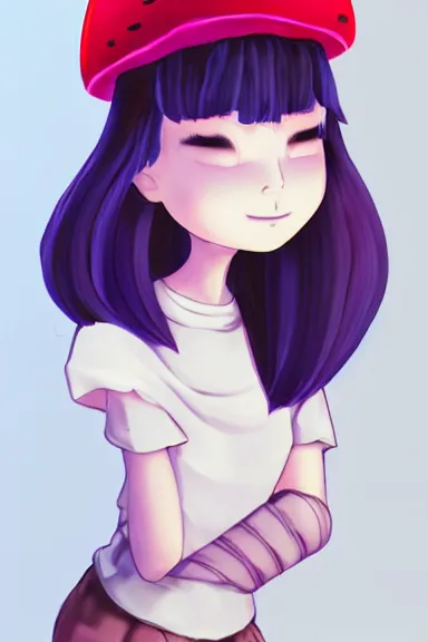 Image similar to a little girl wearing a mushroom hat in 9 0 s outfit | | purple curvy hair, pretty face, fine details, digial art by lois van baarle and sakimichan, anatomically correct, perfect composition, symmetrical, fantastic, clean details, anime character, extremely detailed, ray tracing