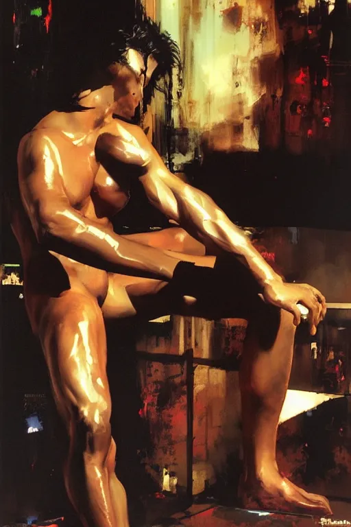 Image similar to synthwave, attractive male, painting by edwin longsden long, yoji shinkawa, craig mullins, tom of finland