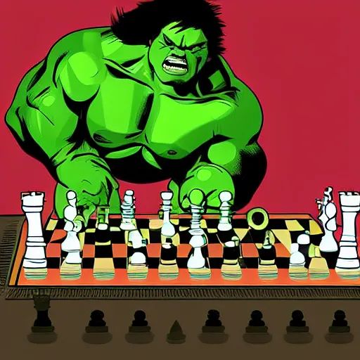Prompt: hulk playing chess against a human, digital art