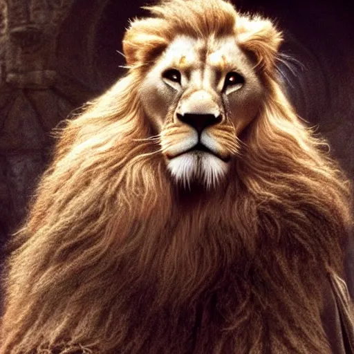 Image similar to a lion playing the part of gandalf in the remake of the fellowship of the ring, movie still, cinematic,