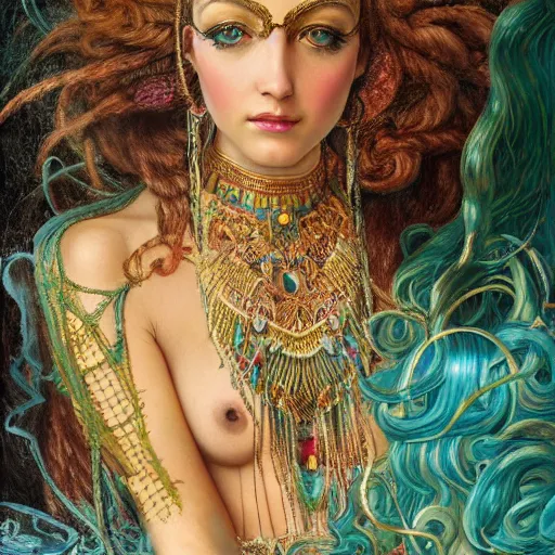 Image similar to artstation, intricate details, hyper details, by gaston bussiere and sandro botticelli, tan skin sumerian goddess inanna, lady of elche, egyptian sumerian features, techno mystic dominatrix goddess intergalactica, inanna with aqua neon rapunzel dreadlocks,