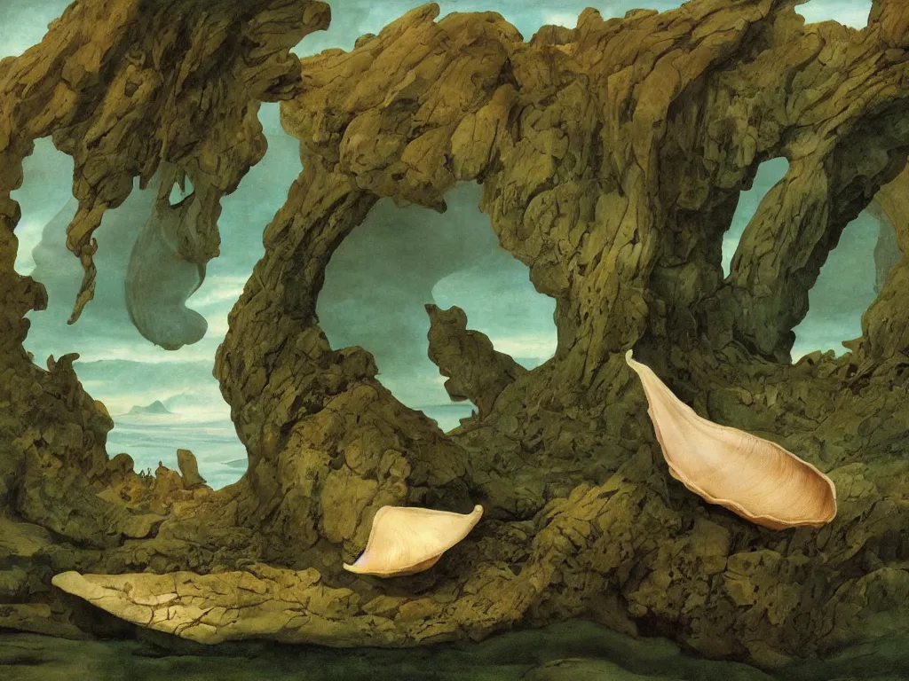 Prompt: Landscape hidden inside a conch shell. Long circular ridges, mollusk eyes. Painting by Roger Dean, Caspar David Friedrich, Walton Ford