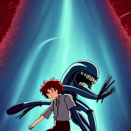 Prompt: a beautiful movie still in the style of Studio Ghibli anime showing an Alien from Aliens (1986) fighting a Predator. Studio Ghibli, trending on artstation, trending on behance