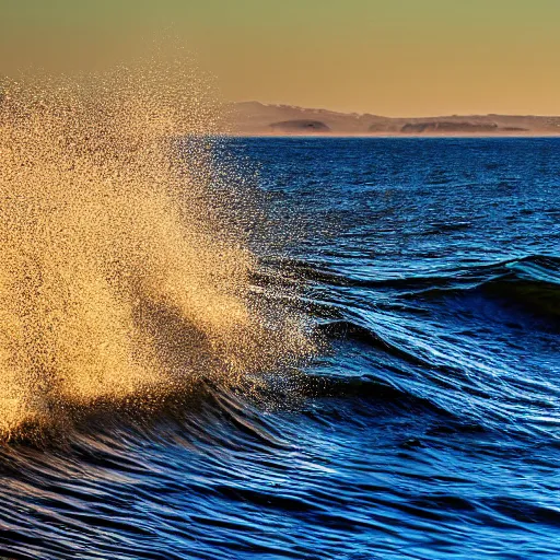 Prompt: perfect wave breaking in shallow clear water front view, hollister ranch, offshore winds, kelp, islands on horizon, late afternoon