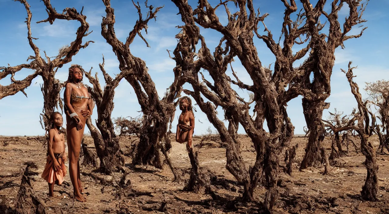 Prompt: full shot of a crying ancient dried up Oshun, peaceful, facing the camera and standing in front of a dried up river in a desolate land, dead trees, blue sky, hot and sunny, highly-detailed, elegant, dramatic lighting, artstation, 4k, cinematic landscape, photograph by Elisabeth Gadd